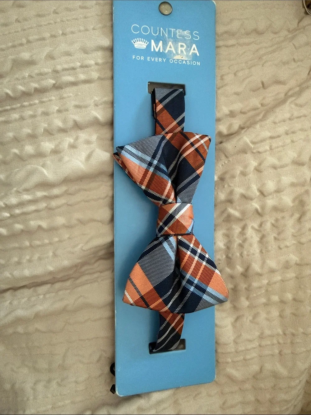 Countess Mara Orange and Navy Plaid Pre-Tied Bow Tie
